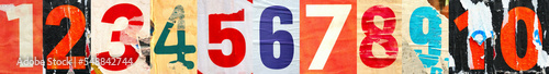 Collage of numbers one to ten or 1-10, ripped torn advertisement street posters grunge creased crumpled paper texture background placard backdrop surface