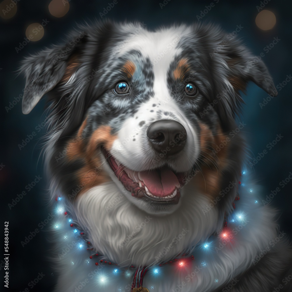Portrait of a Merle Australian shepherd dog, Christmas lights 