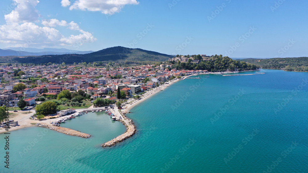 Aerial drone photo of iconic medieval castle built in small hill overlooking city of Vonitsa, Ambracian gulf, Greece