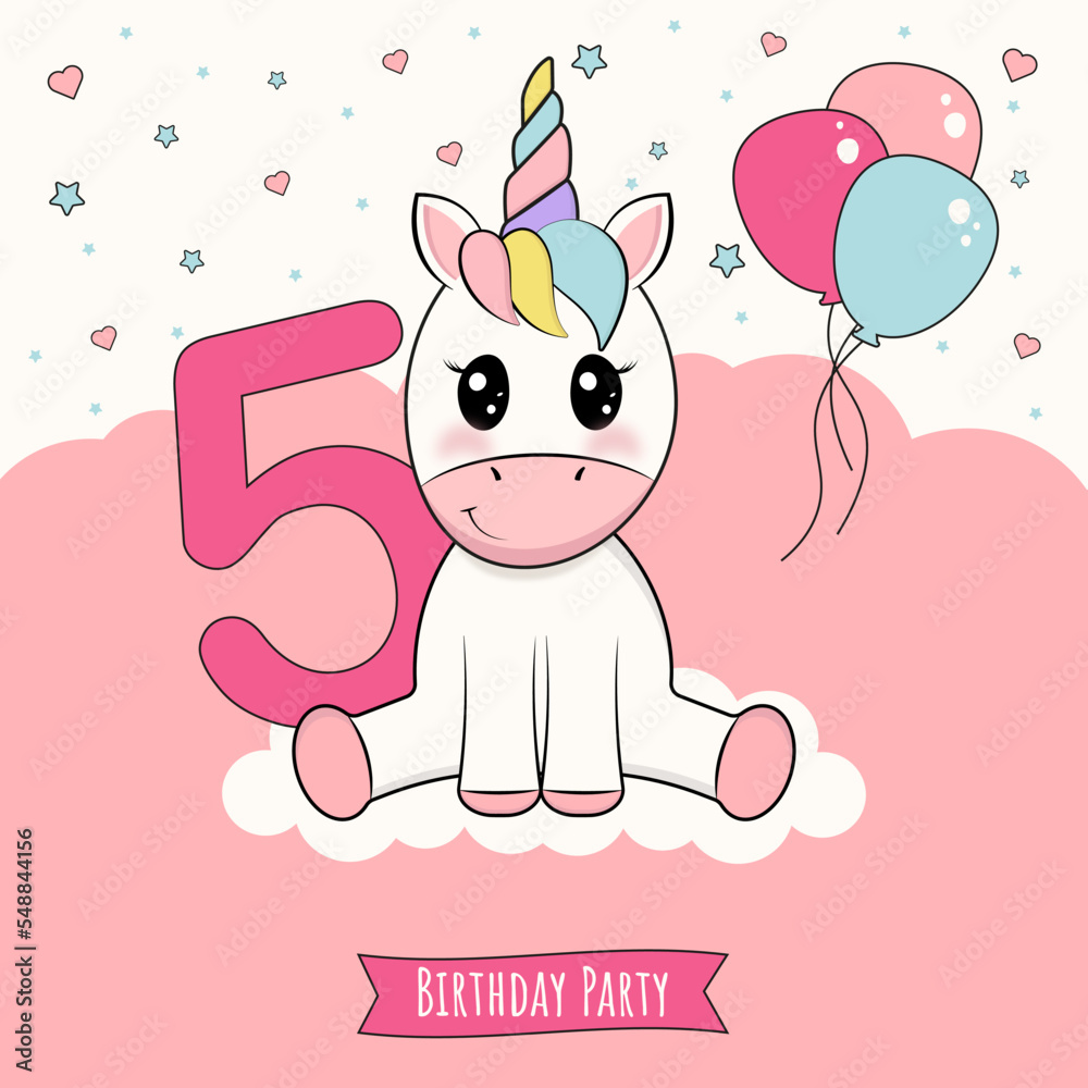 Birthday invitation with little unicorn, 5 years old. Vector illustration. Birthday invitation with little unicorn, 5 years old. Vector illustration.