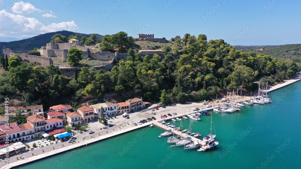 Aerial drone photo of iconic medieval castle built in small hill overlooking city of Vonitsa, Ambracian gulf, Greece Aerial drone photo of iconic medieval castle built in small hill overlooking city of Vonitsa, Ambracian gulf, Greece