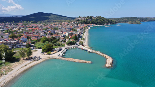 Fototapeta Naklejka Na Ścianę i Meble -  Aerial drone photo of iconic medieval castle built in small hill overlooking city of Vonitsa, Ambracian gulf, Greece