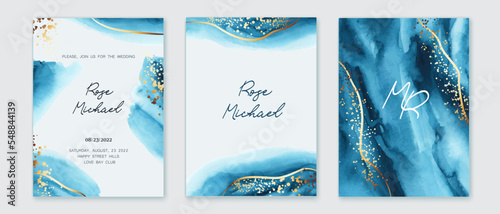 Set of verical backgrounds with blue, turquoise watercolor texture. Water, ink texture imitation. Golden lines, splatters. Festive design for card, invitation, brochure, voucher.