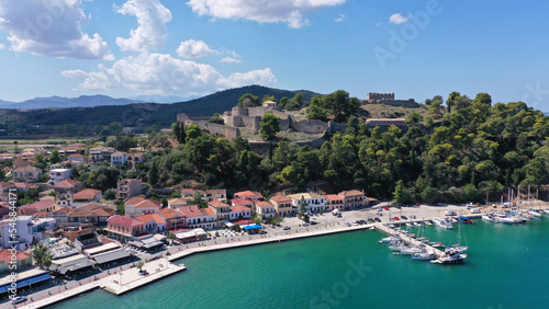 Aerial drone photo of iconic medieval castle built in small hill overlooking city of Vonitsa, Ambracian gulf, Greece © aerial-drone