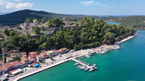 Aerial drone photo of iconic medieval castle built in small hill overlooking city of Vonitsa, Ambracian gulf, Greece