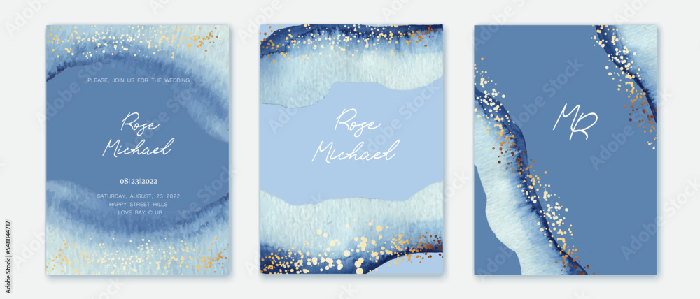 Set of verical backgrounds with blue, turquoise watercolor texture. Water, ink texture imitation. Golden lines, splatters. Festive design for card, invitation, brochure, voucher.