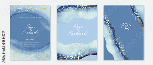 Set of verical backgrounds with blue, turquoise watercolor texture. Water, ink texture imitation. Golden lines, splatters. Festive design for card, invitation, brochure, voucher.