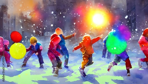 In the picture, there are kids throwing snowballs in what appears to be winter. The sky is slightly overcast, and there is a decent amount of snow on the ground. © dreamyart