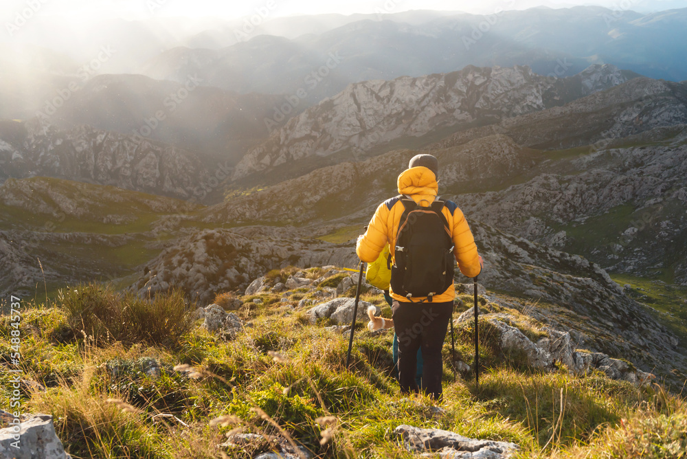 hiker on his back with backpack and yellow coat descending a mountain. outdoor sports