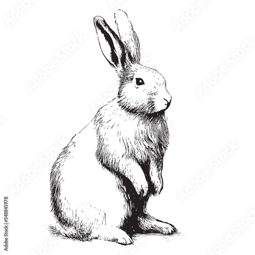 Rabbit sitting sketch hand drawn Side view, engraving style vector illustration.