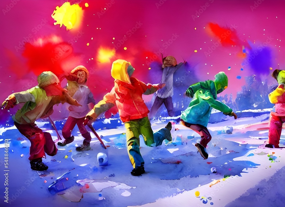 A group of kids are throwing snowballs at each other in a winter wonderland. The snow is freshly untouched, and the air is freezing cold. They're bundled up in their warmest clothes, laughing and havi A group of kids are throwing snowballs at each other in a winter wonderland. The snow is freshly untouched, and the air is freezing cold. They're bundled up in their warmest clothes, laughing and havi