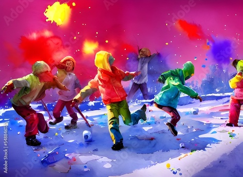 A group of kids are throwing snowballs at each other in a winter wonderland. The snow is freshly untouched, and the air is freezing cold. They're bundled up in their warmest clothes, laughing and havi