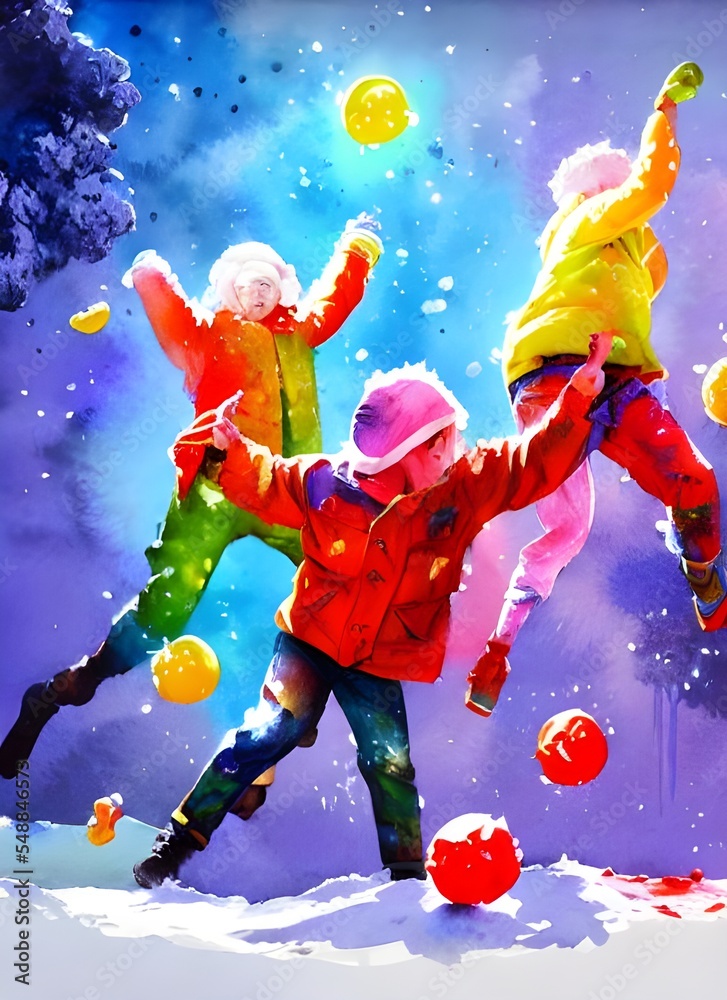 The kids are throwing snowballs and enjoying the winter weather. They're laughing and playing, and their cheeks are red from the cold. The snow is covering the ground, and trees nearby are also dusted