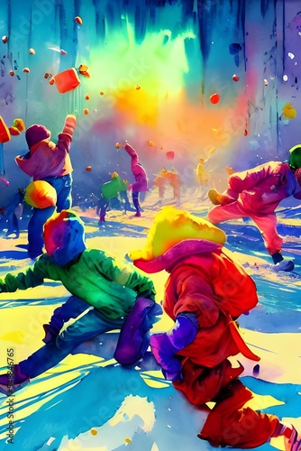 The kids are out in the snow, throwing snowball after snowball. They're laughing and enjoying themselves, their faces red from the cold. It's a winter wonderland. © dreamyart
