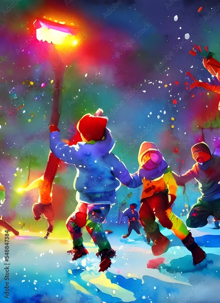 A group of kids are throwing snowballs at each other in a winter wonderland. They're laughing and having a great time while their friends watch on. A group of kids are throwing snowballs at each other in a winter wonderland. They're laughing and having a great time while their friends watch on.