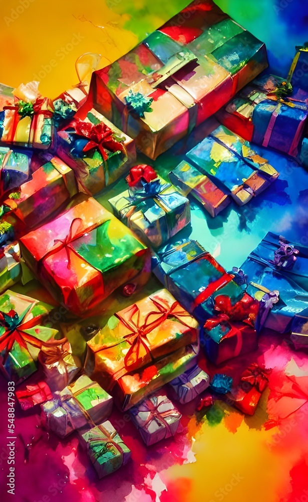 There are wrapped presents under the Christmas tree, each with a different brightly-colored bow. some are small and rectangular, others large and round. There is one gift in particular that catches yo