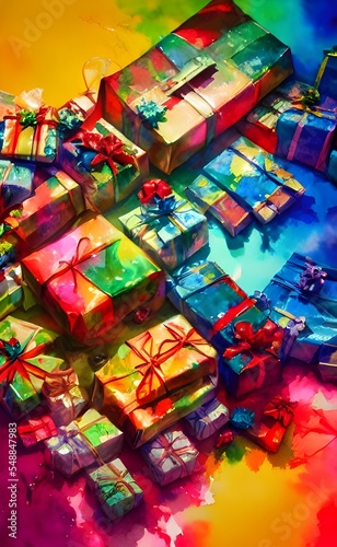There are wrapped presents under the Christmas tree, each with a different brightly-colored bow. some are small and rectangular, others large and round. There is one gift in particular that catches yo © dreamyart