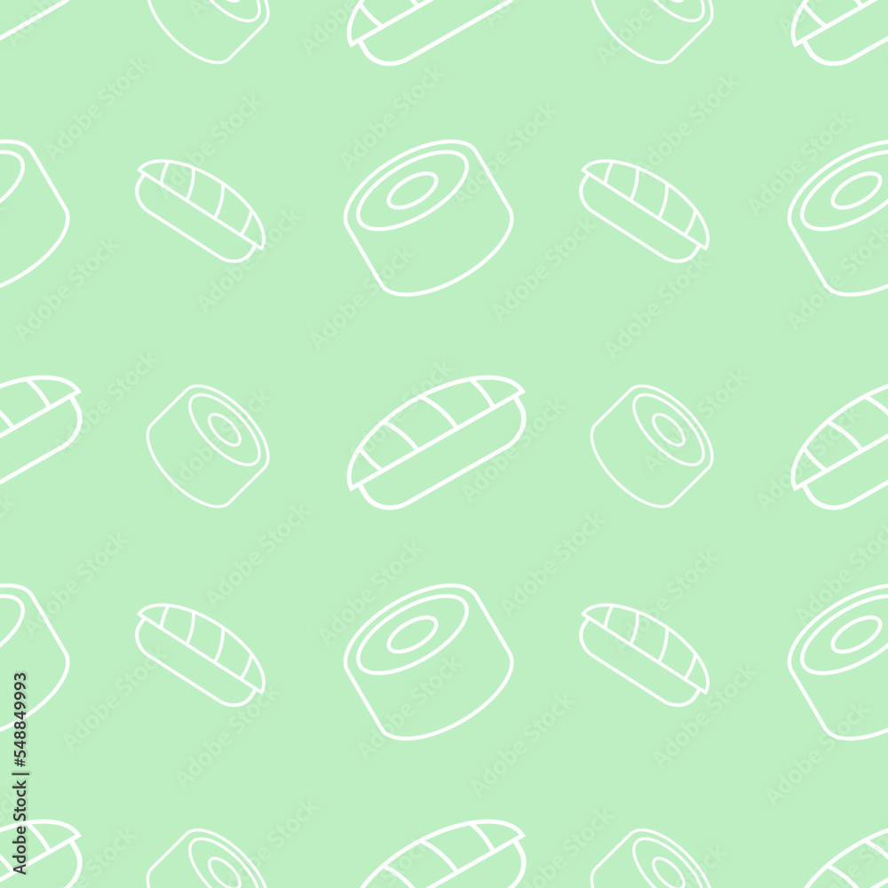 Sushi and rolls, white outline, seamless pattern, vector. Pattern of sushi and rolls white contour on a green background. Sushi and rolls, white outline, seamless pattern, vector. Pattern of sushi and rolls white contour on a green background.