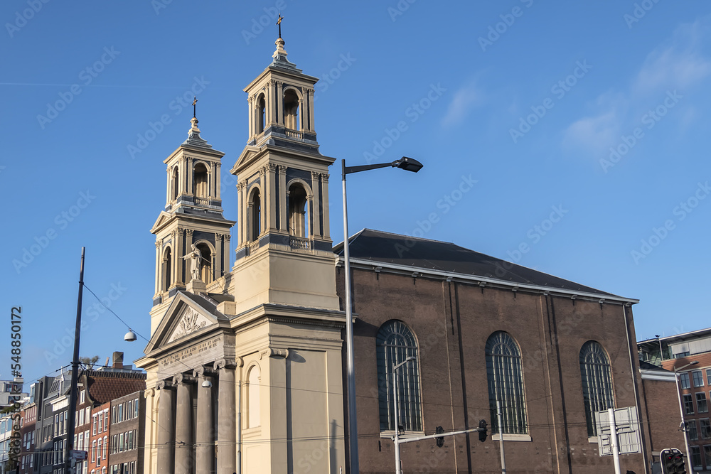 Moses and Aaron Church (Mozes en Aaronkerk) at Waterlooplein neighborhood is officially Roman Catholic Church of St. Anthony of Padua (Sint-Anthoniuskerk, 1841). Amsterdam, The Netherlands.