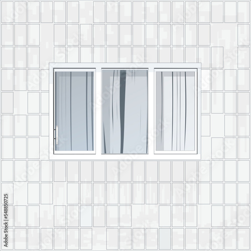 Eastern European architecture. Soviet-era khrushchyovka apartment block built in the 1960s and 70s. Artwork. Part of the facade of a panel house. 