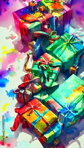There are brightly wrapped presents beneath a Christmas tree, their colors Pop against the deep green of the pine needles. Some gifts are large, while others are small and delicate-looking. There is a © dreamyart