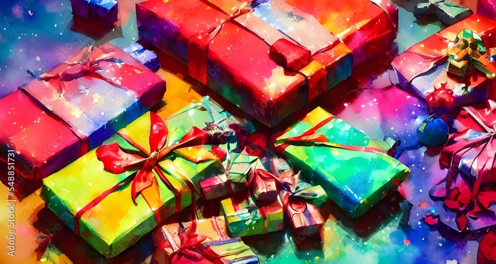 Fototapeta premium The picture is of wrapped presents under a Christmas tree. The gifts are different sizes and colors, with some having ribbons and bows on them.