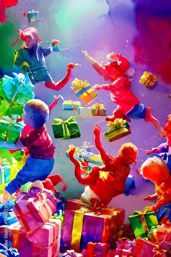 The kids are excitedly ripping open their presents. Some of the wrapping paper is already crumpled up on the floor. They area all smiles and laughter as they discover what Santa brought them.