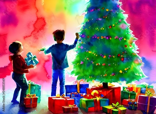 The kids are sitting in a circle around the christmas tree. They all have their gifts in front of them and they're eagerly ripping open the wrapping paper to see what's inside. photo