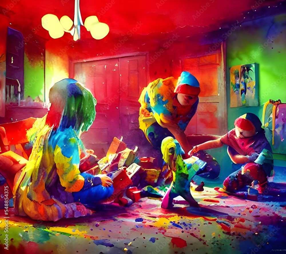 Obraz premium There are excited kids tearing open presents and laughing. Some are shaking gifts to try and guess what's inside. Bows and wrapping paper are strewn about, and there's a feeling of joy in the air.