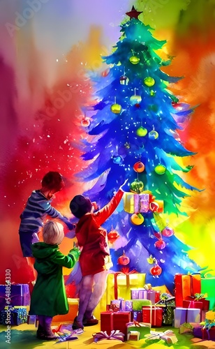 The kids are pulling at wrapping paper, tearing it apart to get to the gifts beneath. Their eyes light up with excitement and happiness as they hold up new toys and clothes.