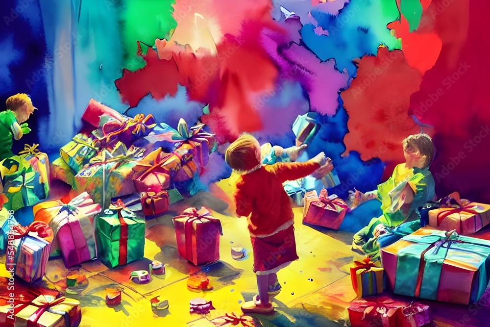Obraz premium The kids are eagerly opening their Christmas gifts. They're tearing off the wrapping paper and squealing with delight as they discover what's inside.