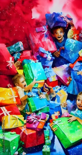 The kids are standing around the Christmas tree, eagerly tearing open their presents. They're laughing and smiling as they excitedly discover what's inside each box.