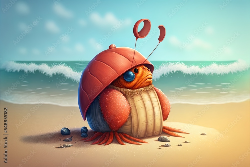 Cute Hermit Crab Cartoon Character At The Beach