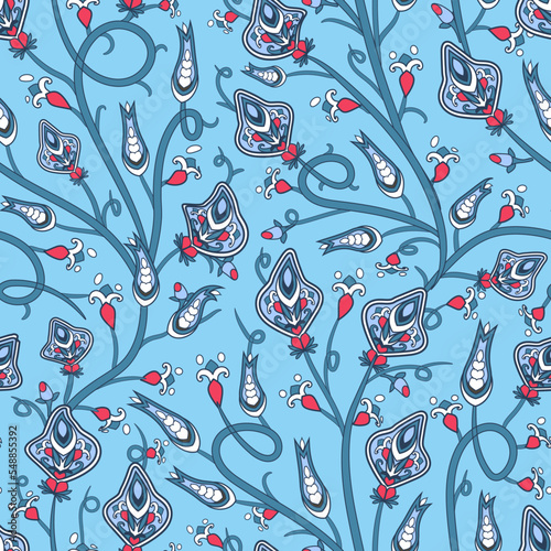 Mehndi leaves and flowers pattern grouped into twisted branches. Seamless oriental floral texture with traditional paisley decorative element. Turkish buta ornamental textile