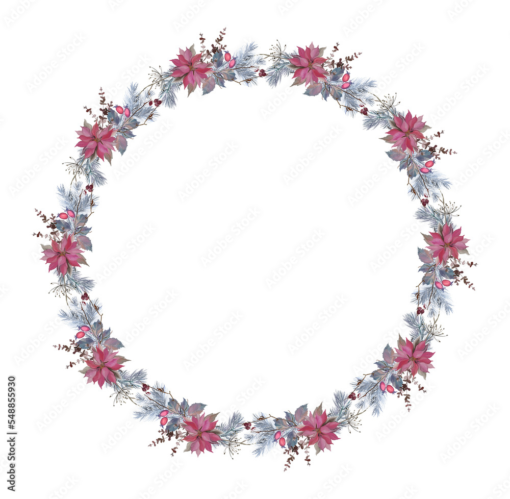 Winter Christmas wreath with branches and flowers