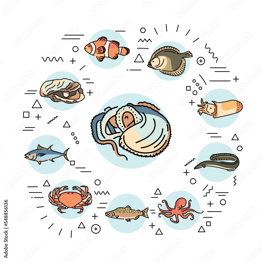Naklejka premium Shellfish and fish web banner. Infographics with linear icons