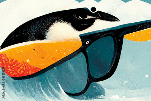 Penguin with sunglasses surfing © Adri Zen