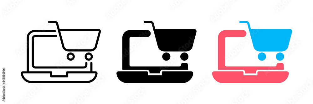 Black Shopping cart on screen laptop icon isolated on white background. Concept e-commerce, e-business, online business marketing. Set icons colorful. Black Shopping cart on screen laptop icon isolated on white background. Concept e-commerce, e-business, online business marketing. Set icons colorful.