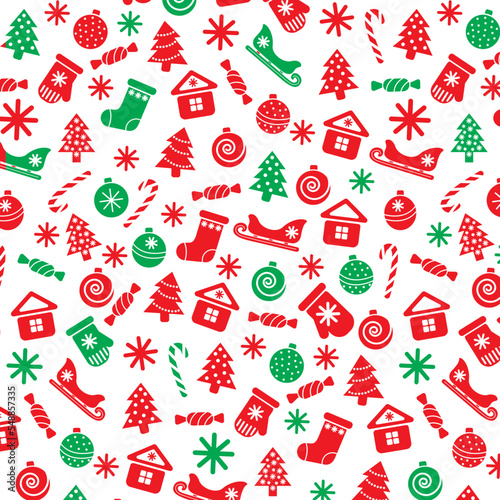 Seamless Christmas pattern with christmas elements, red and green, vector