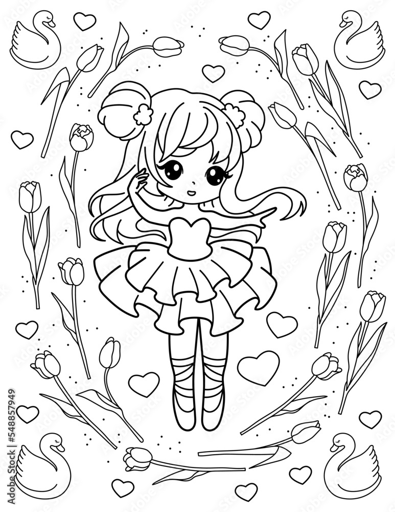 Ballerina with tulips. Coloring book with ballerina. Dancing. Black and white vector illustration.