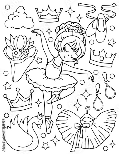Cute ballerina with a crown, a bouquet of flowers, pointe shoes. Coloring book with ballerina. Dancing. Black and white vector illustration.