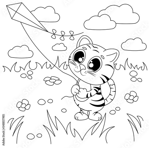 Vector coloring pages with cute tiger cub playing with a kite. Cartoon contour illustration isolated on white background