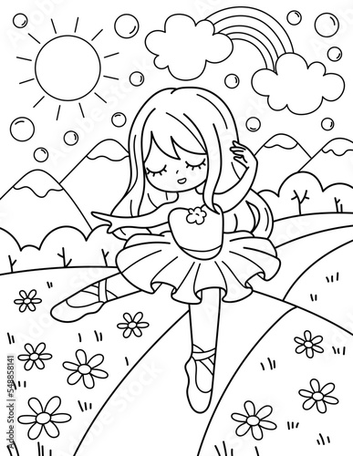 The ballerina sits on the moon. Coloring book with ballerina. Dancing. Black and white vector illustration.