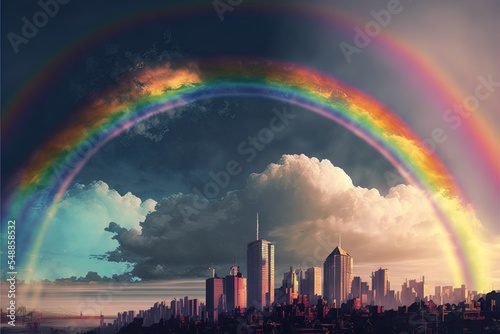 Rainbow In The Sky With View Of The City