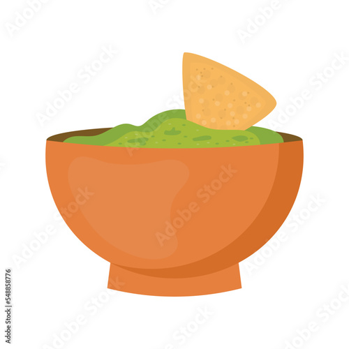 Guacamole with nachos - traditional Mexican latin american sauce made from avocado. Ceramic bowl with guacamole sauce and  tortilla chips. Vector flat illustration isolated on white