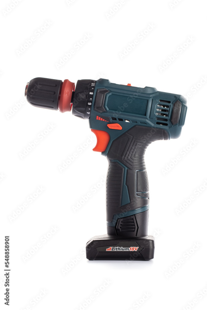 Cordless drill screwdriver isolated on white background. Professional tool