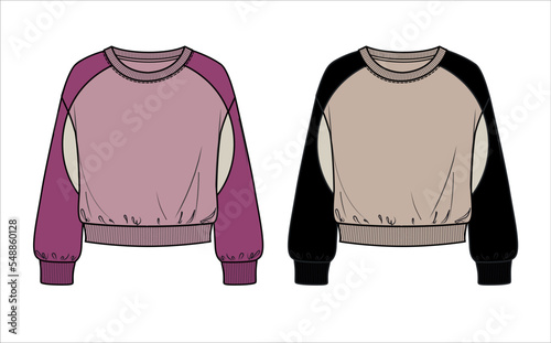 Vector unisex sweatshirt fashion CAD, woman sweatshirt with rib neck details technical drawing, template, flat, sketch. Fleece, jersey  or woven fabric sweatshirt with front, back view, white color