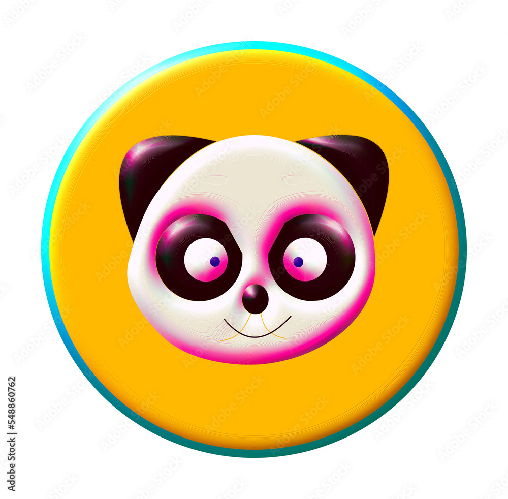 Illustration of a smiling panda in 3D against a background of a yellow circle.