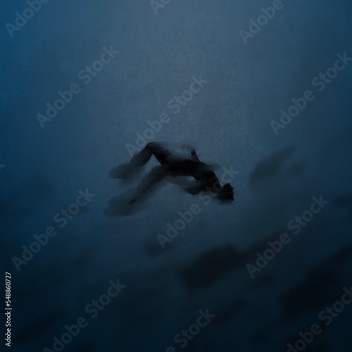 Dark illustration of drowning silhouette person in the sea. Impressionist digital painting showing depression and depth of the ocean. Hand drown person deep underwater drowned suffocate. Lost, fears