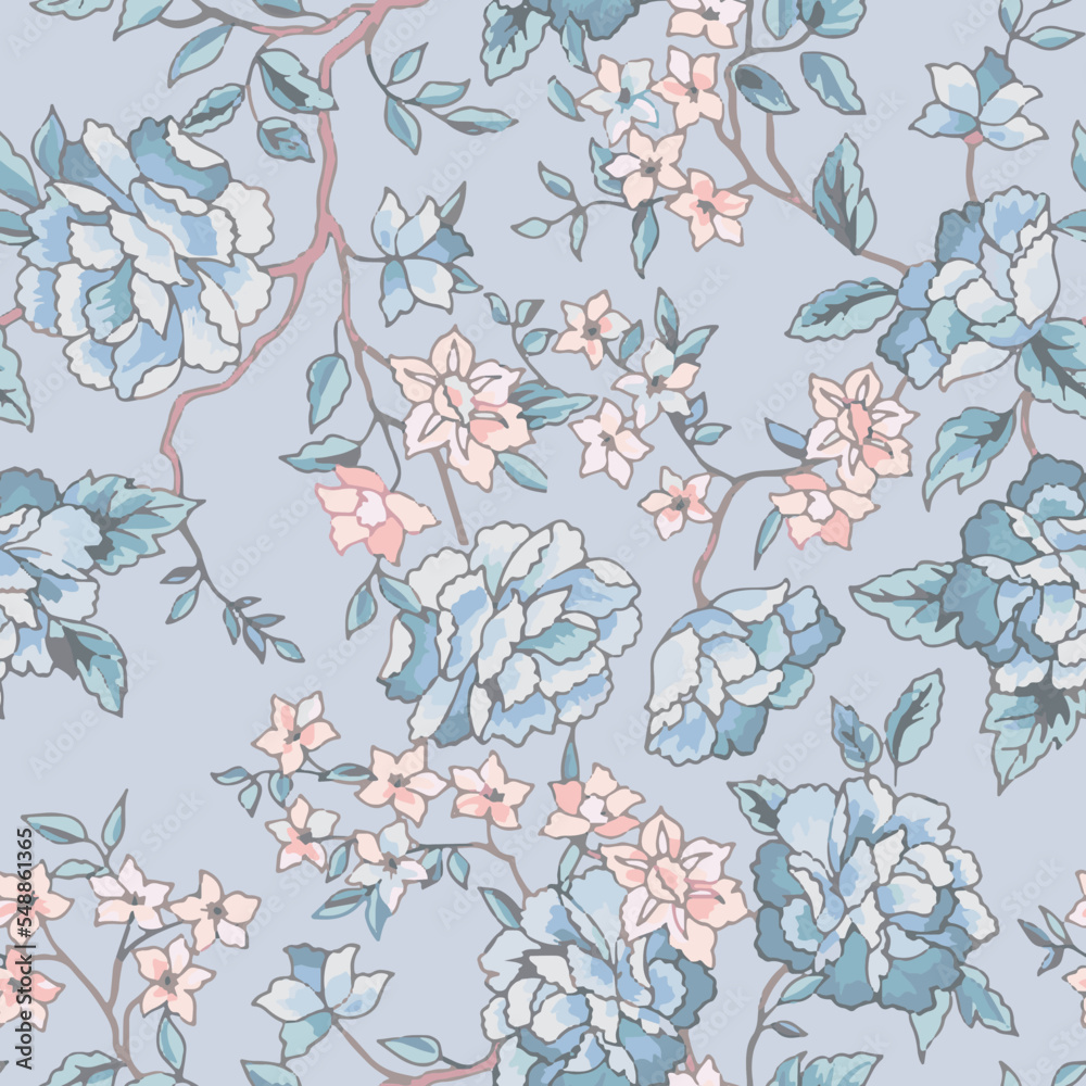 Full seamless floral pattern retro illustration. Ornamental soft blue garden flowers and leaves vintage design for fabric print background. Full seamless floral pattern retro illustration. Ornamental soft blue garden flowers and leaves vintage design for fabric print background.
